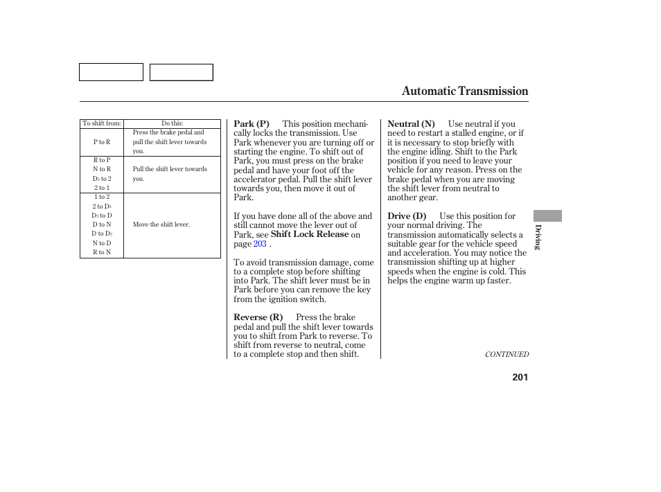 Automatic transmission | HONDA 2007 Pilot - Owner's Manual User Manual | Page 204 / 319