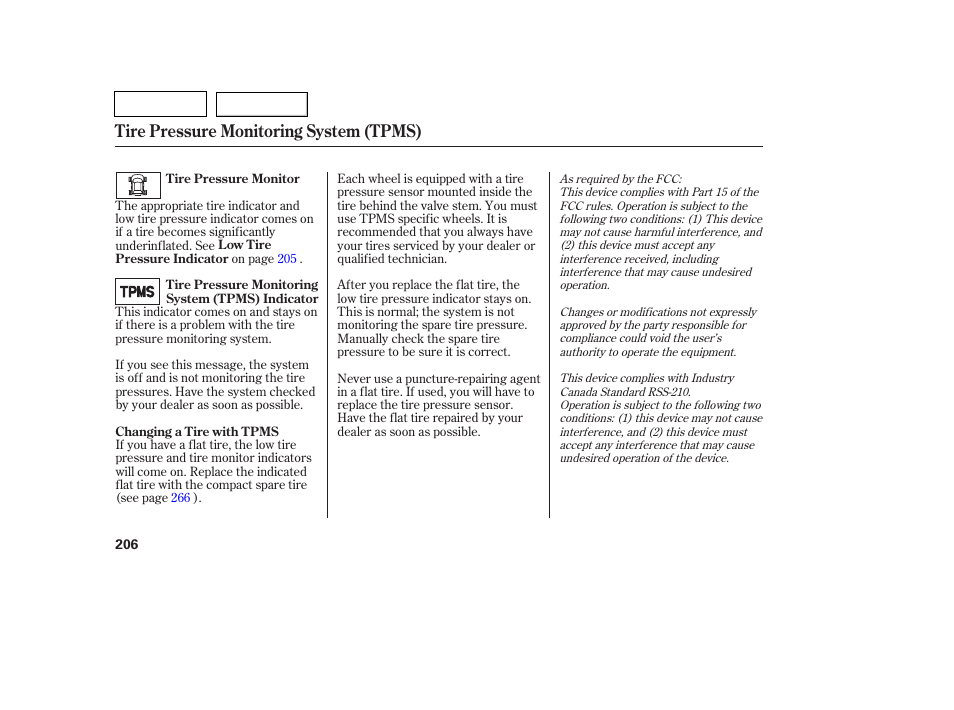 Tire pressure monitoring system (tpms) | HONDA 2007 Pilot - Owner's Manual User Manual | Page 209 / 319