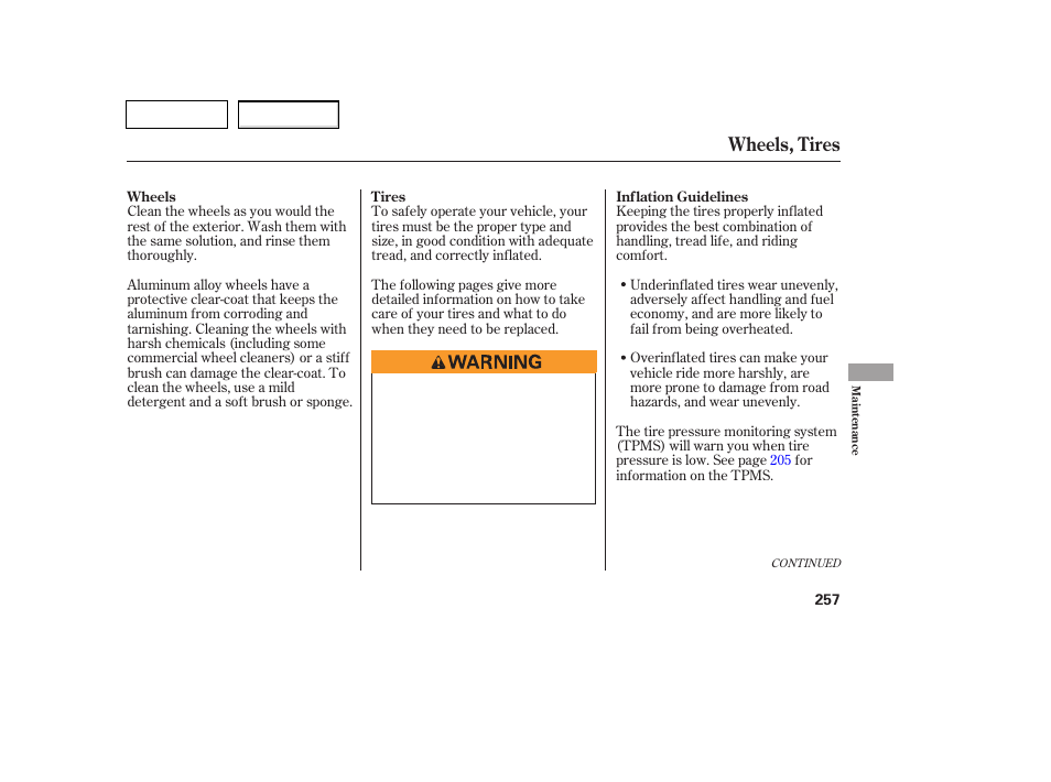 Tw0707o00257a, Wheels, tires | HONDA 2007 Pilot - Owner's Manual User Manual | Page 260 / 319