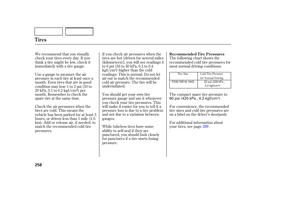 Tires | HONDA 2007 Pilot - Owner's Manual User Manual | Page 261 / 319