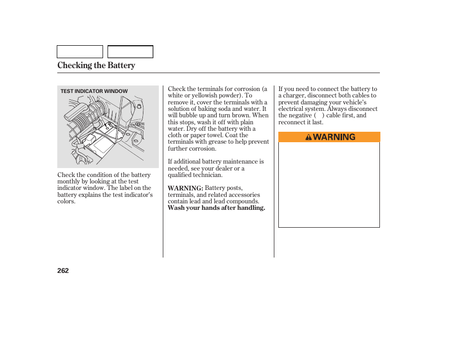 Checking the battery | HONDA 2007 Pilot - Owner's Manual User Manual | Page 265 / 319