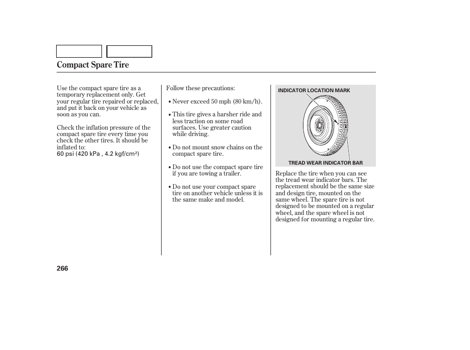 Tw0707o00266a, Compact spare tire | HONDA 2007 Pilot - Owner's Manual User Manual | Page 269 / 319