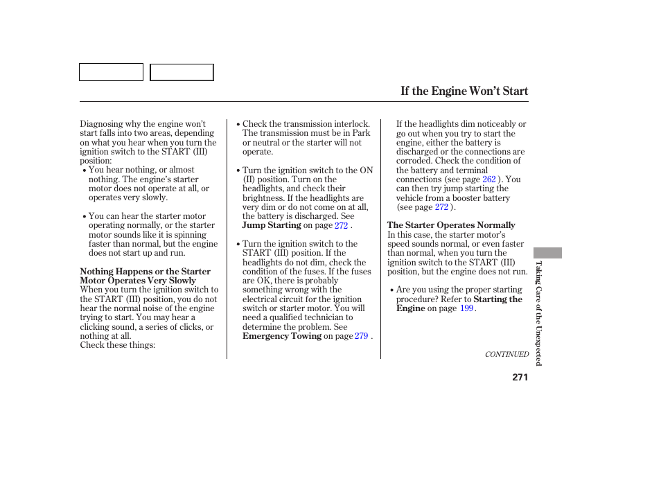 If the engine won’t start | HONDA 2007 Pilot - Owner's Manual User Manual | Page 274 / 319