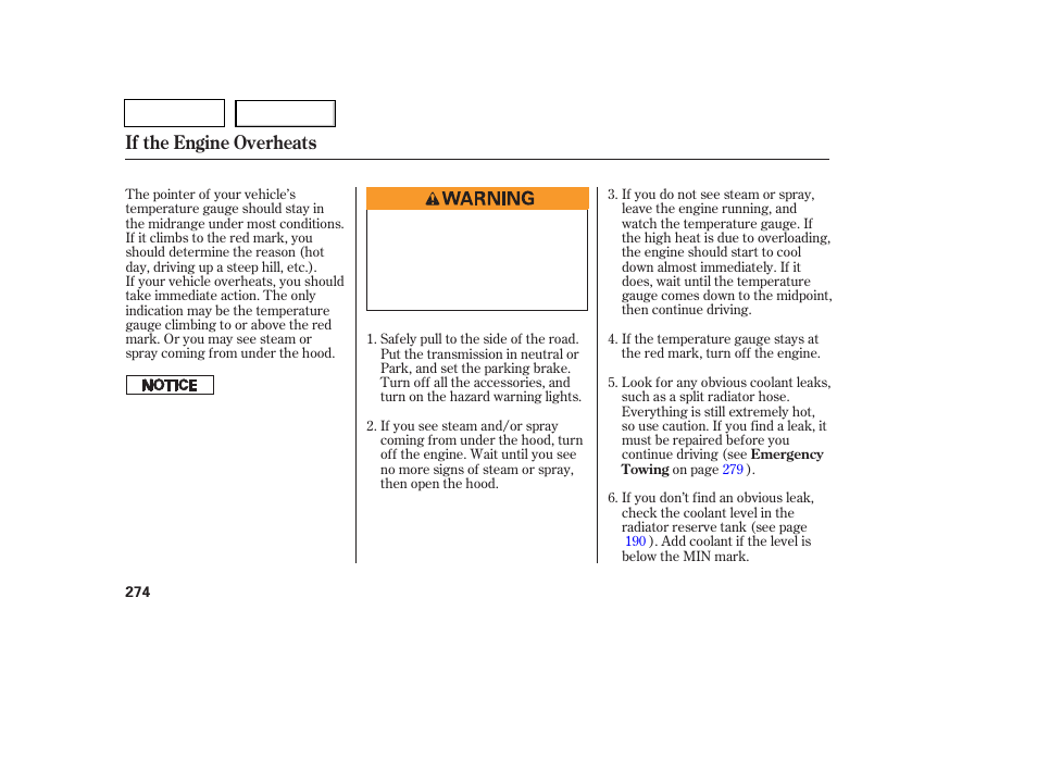 If the engine overheats | HONDA 2007 Pilot - Owner's Manual User Manual | Page 277 / 319