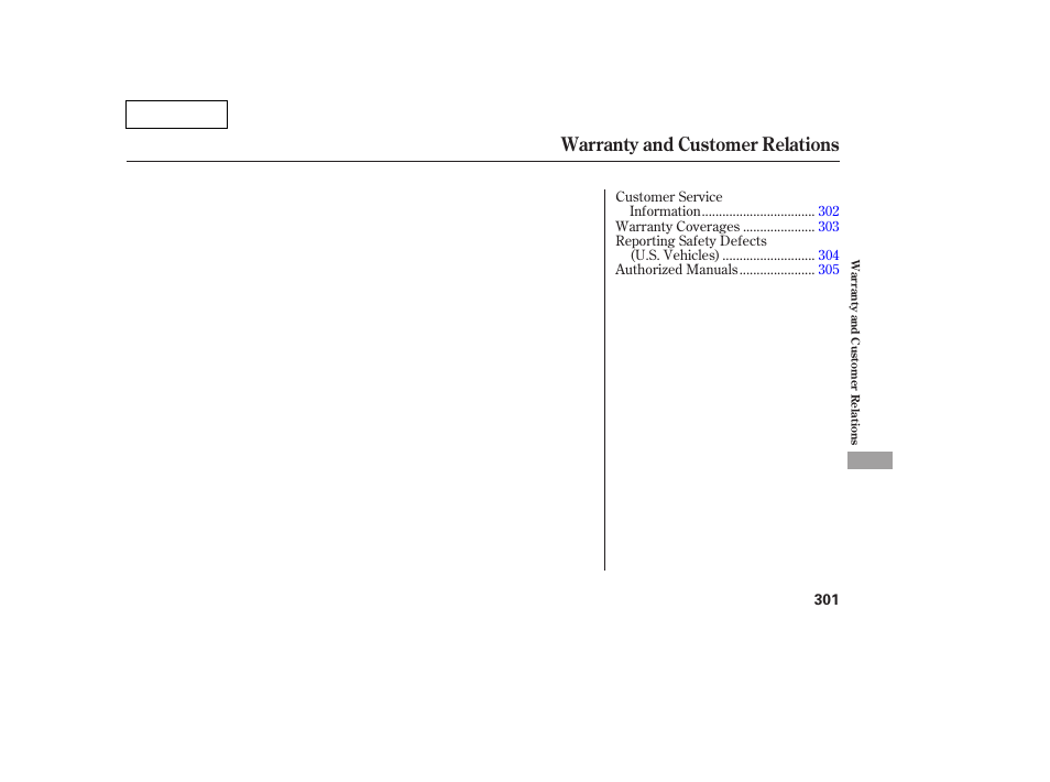 Tw070709indxa, Warranty and customer relations | HONDA 2007 Pilot - Owner's Manual User Manual | Page 304 / 319