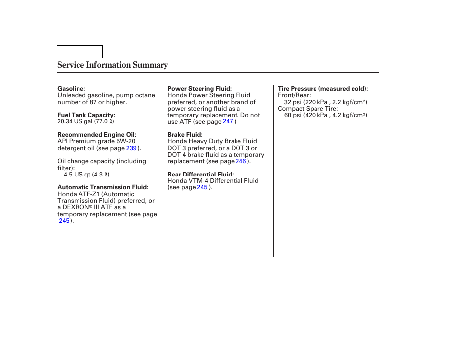 Tw0707srvinfo, Service information summary | HONDA 2007 Pilot - Owner's Manual User Manual | Page 319 / 319