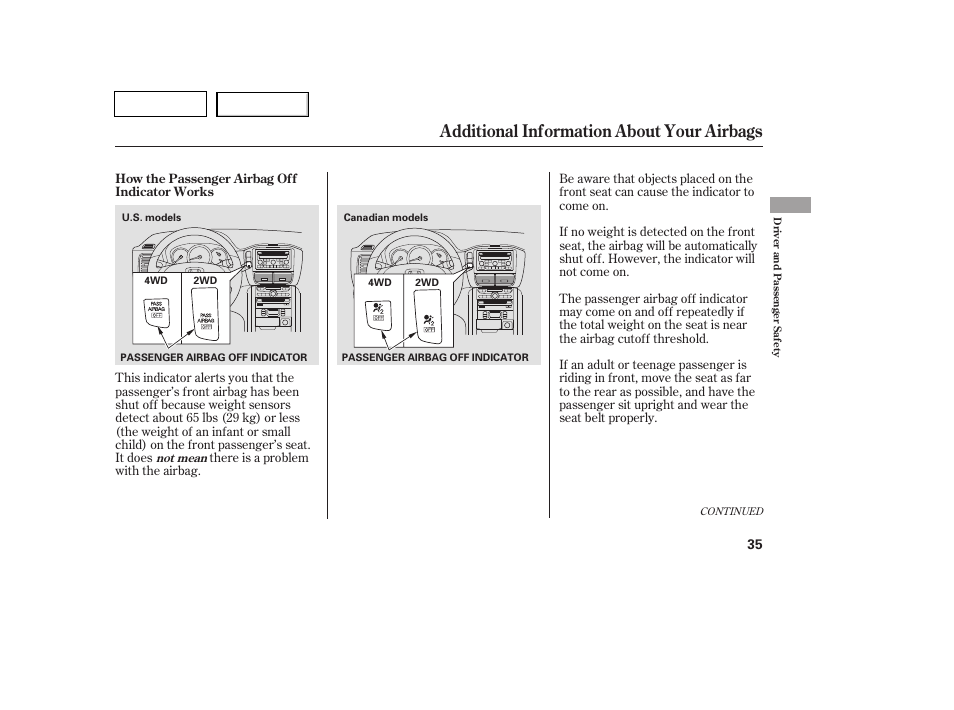 Tw0707o00035a, Additional information about your airbags | HONDA 2007 Pilot - Owner's Manual User Manual | Page 38 / 319