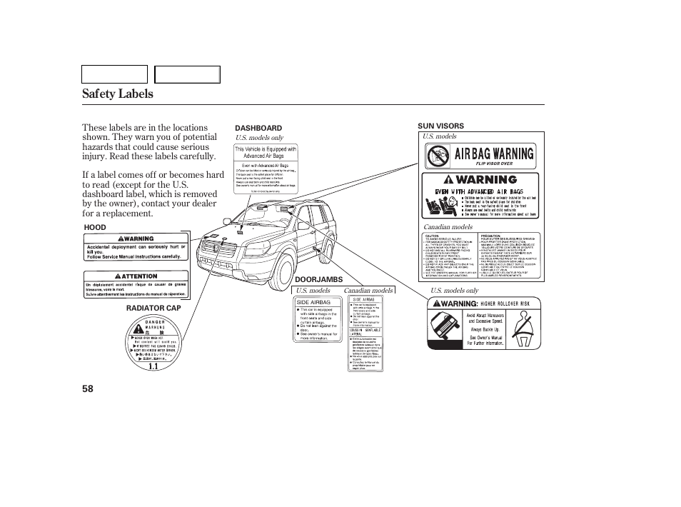 Tw0707o00058a, Safety labels | HONDA 2007 Pilot - Owner's Manual User Manual | Page 61 / 319