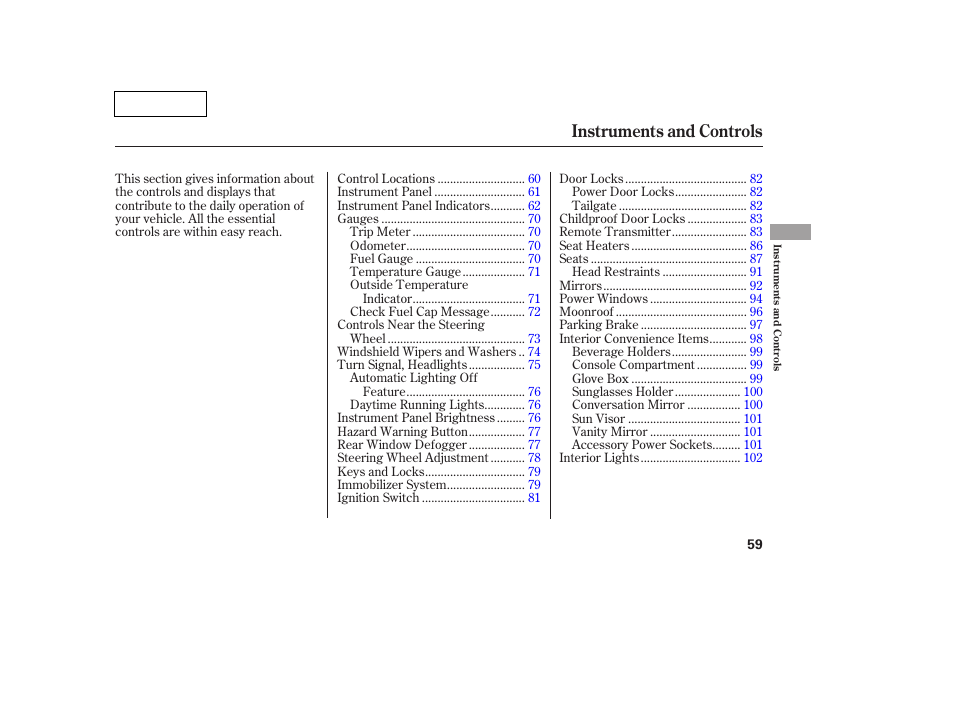 Tw070702indxa, Instruments and controls | HONDA 2007 Pilot - Owner's Manual User Manual | Page 62 / 319