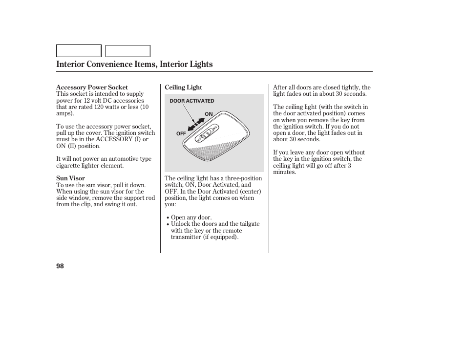 Interior convenience items, interior lights | HONDA 2007 Fit - Owner's Manual User Manual | Page 100 / 258