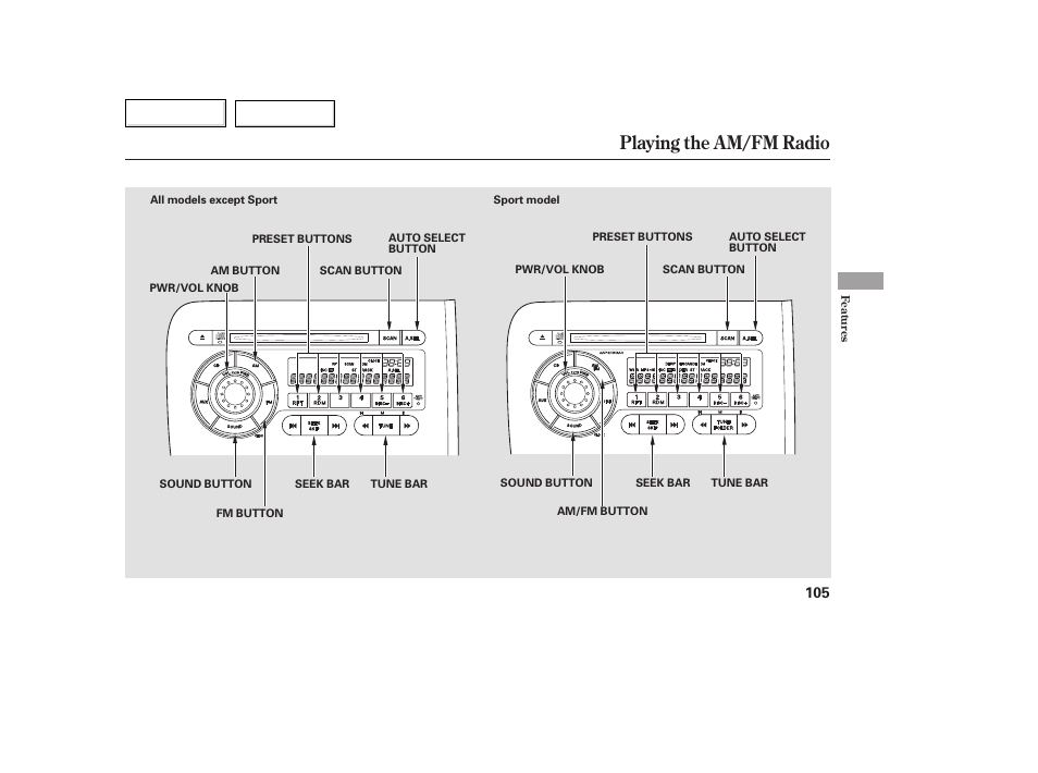 Playing the am/fm radio | HONDA 2007 Fit - Owner's Manual User Manual | Page 107 / 258