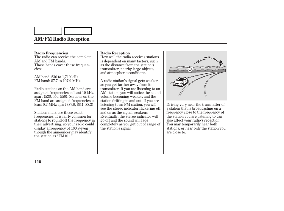 Am/fm radio reception | HONDA 2007 Fit - Owner's Manual User Manual | Page 112 / 258