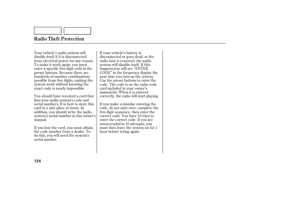 Radio theft protection | HONDA 2007 Fit - Owner's Manual User Manual | Page 126 / 258