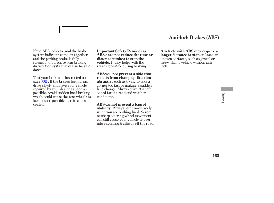 Anti-lock brakes (abs) | HONDA 2007 Fit - Owner's Manual User Manual | Page 165 / 258