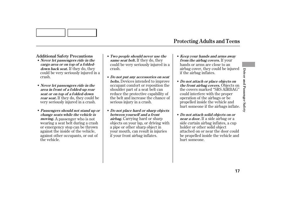 Protecting adults and teens | HONDA 2007 Fit - Owner's Manual User Manual | Page 19 / 258