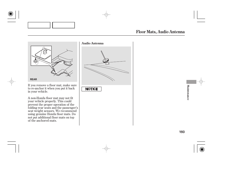 Floor mats, audio antenna | HONDA 2007 Fit - Owner's Manual User Manual | Page 195 / 258