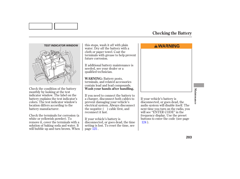 Checking the battery | HONDA 2007 Fit - Owner's Manual User Manual | Page 205 / 258