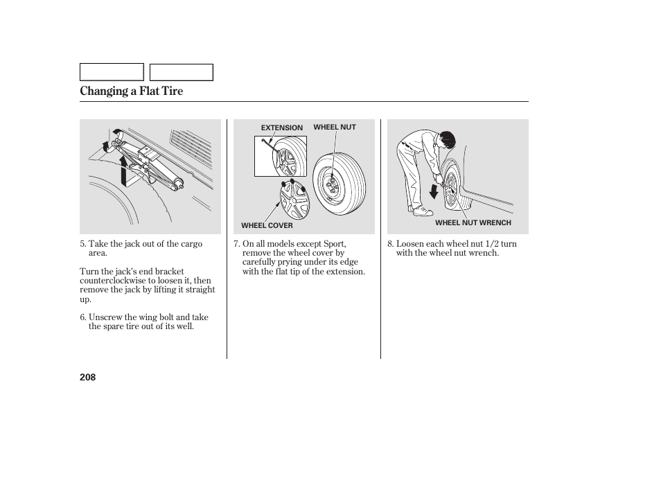 Changing a flat tire | HONDA 2007 Fit - Owner's Manual User Manual | Page 210 / 258