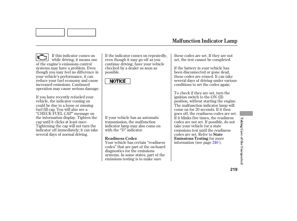 Malfunction indicator lamp | HONDA 2007 Fit - Owner's Manual User Manual | Page 221 / 258