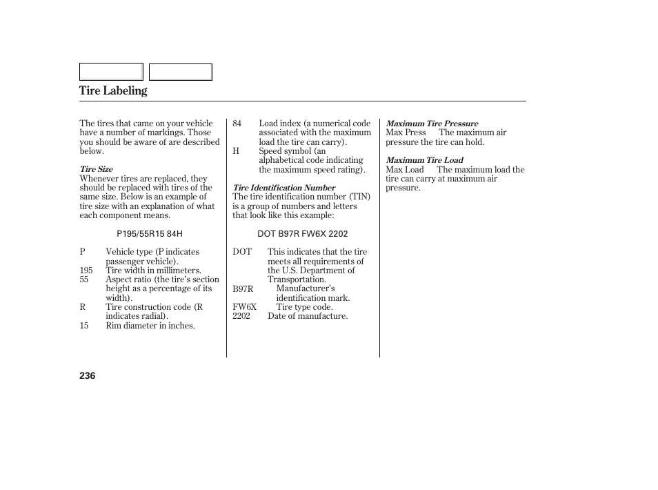 Aa0707o00236a, Tire labeling | HONDA 2007 Fit - Owner's Manual User Manual | Page 238 / 258