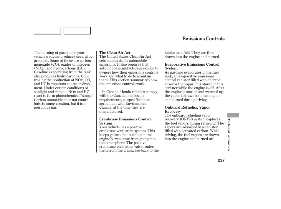 Emissions controls | HONDA 2007 Fit - Owner's Manual User Manual | Page 239 / 258