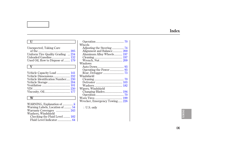 Index | HONDA 2007 Fit - Owner's Manual User Manual | Page 257 / 258