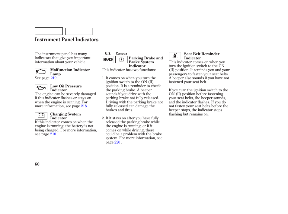 Instrument panel indicators | HONDA 2007 Fit - Owner's Manual User Manual | Page 62 / 258