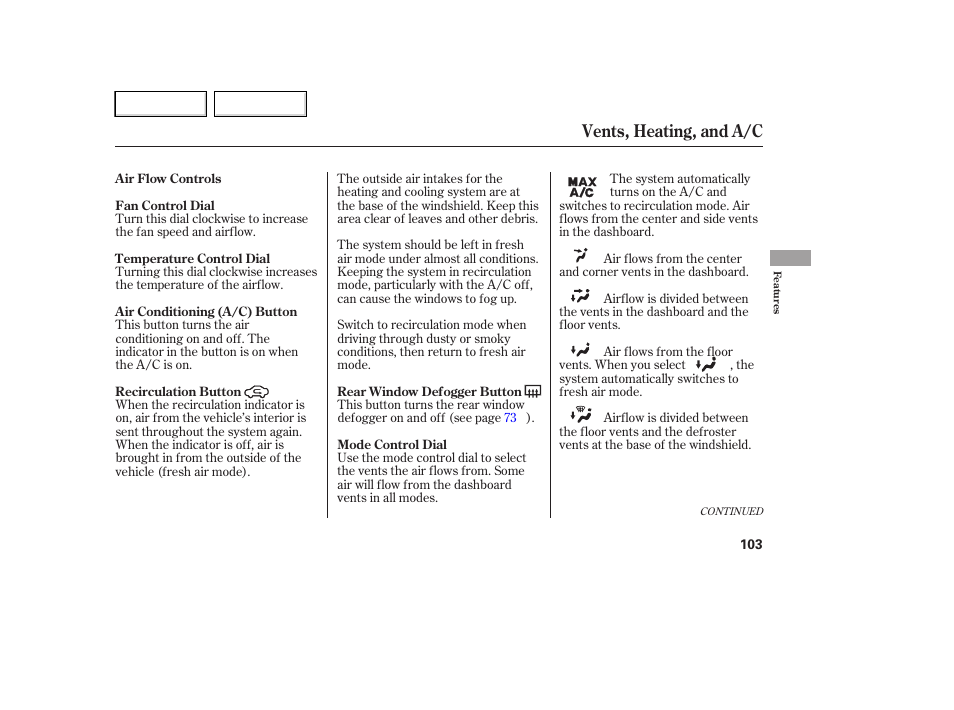 Vents, heating, and a/c | HONDA 2007 Element - Owner's Manual User Manual | Page 106 / 275
