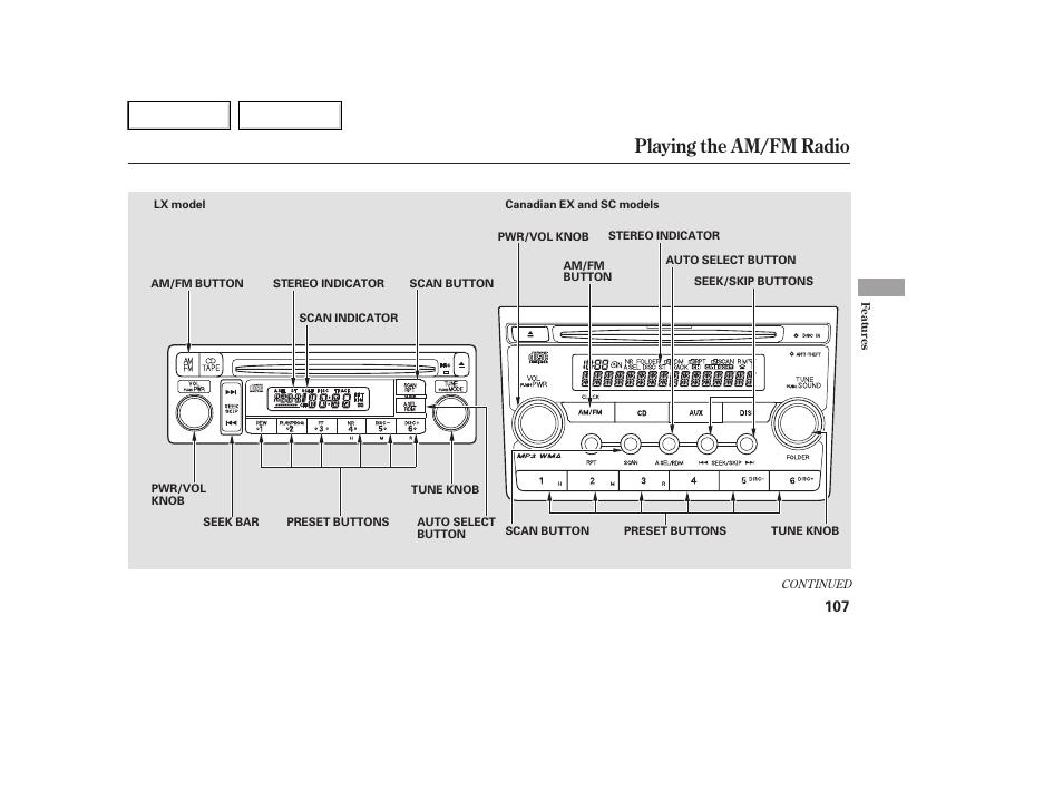 Playing the am/fm radio | HONDA 2007 Element - Owner's Manual User Manual | Page 110 / 275