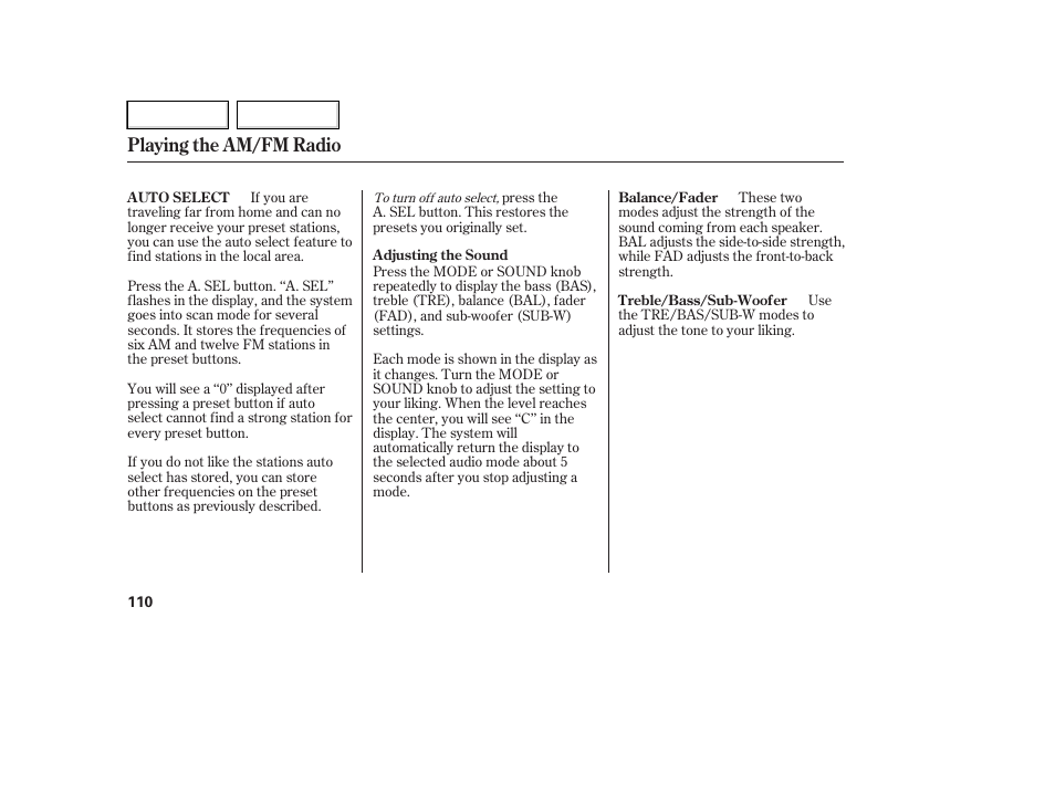 Playing the am/fm radio | HONDA 2007 Element - Owner's Manual User Manual | Page 113 / 275