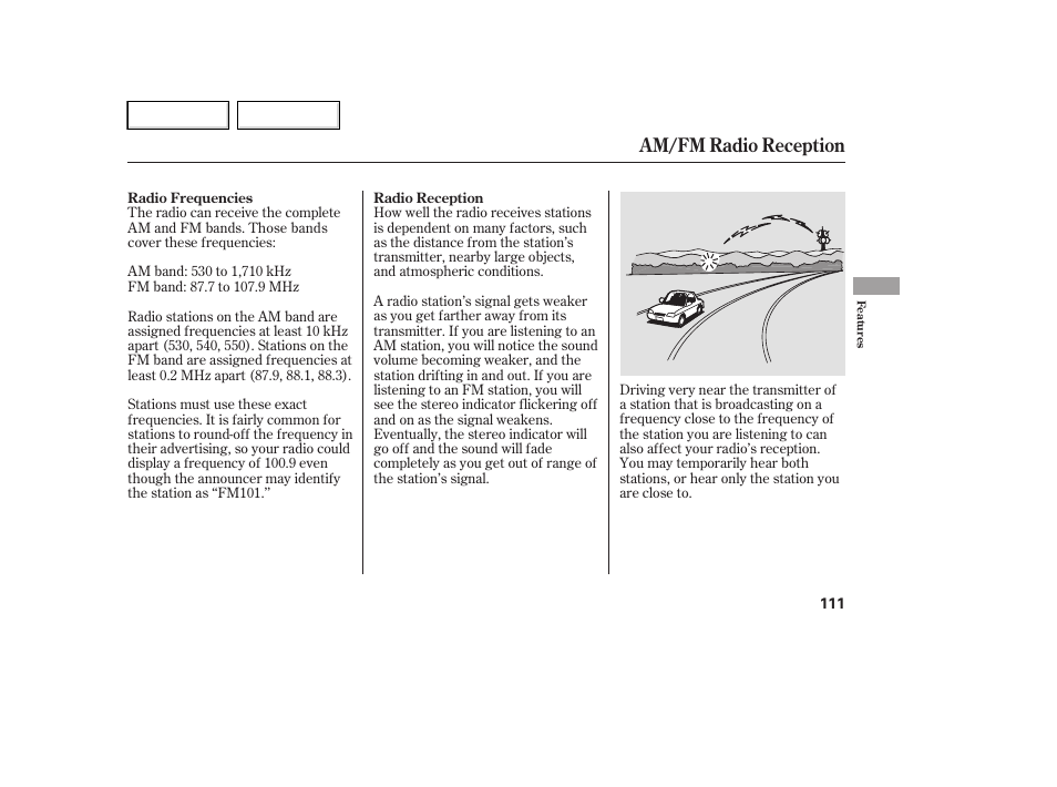 Am/fm radio reception | HONDA 2007 Element - Owner's Manual User Manual | Page 114 / 275
