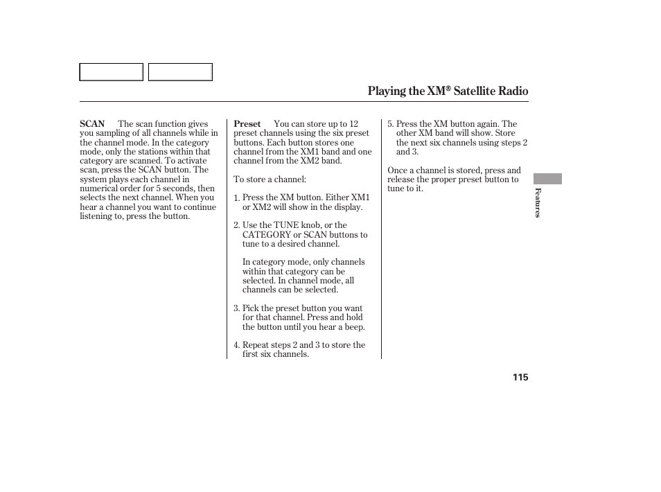 Playing the xm satellite radio | HONDA 2007 Element - Owner's Manual User Manual | Page 118 / 275