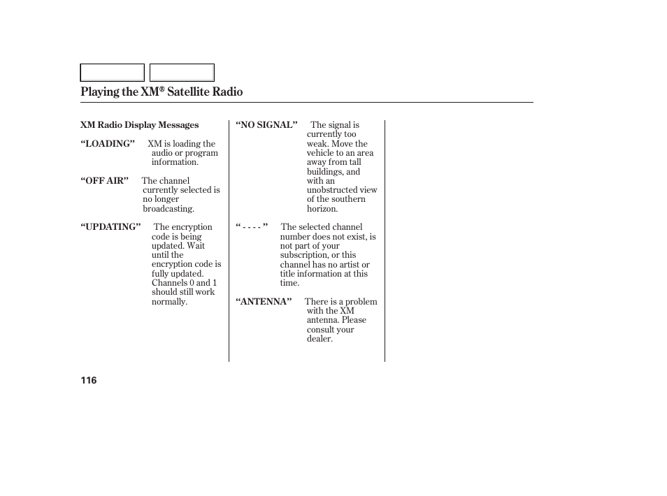Playing the xm satellite radio | HONDA 2007 Element - Owner's Manual User Manual | Page 119 / 275