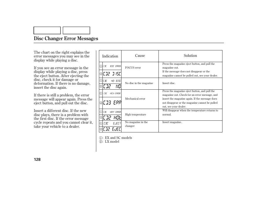 Disc changer error messages | HONDA 2007 Element - Owner's Manual User Manual | Page 131 / 275