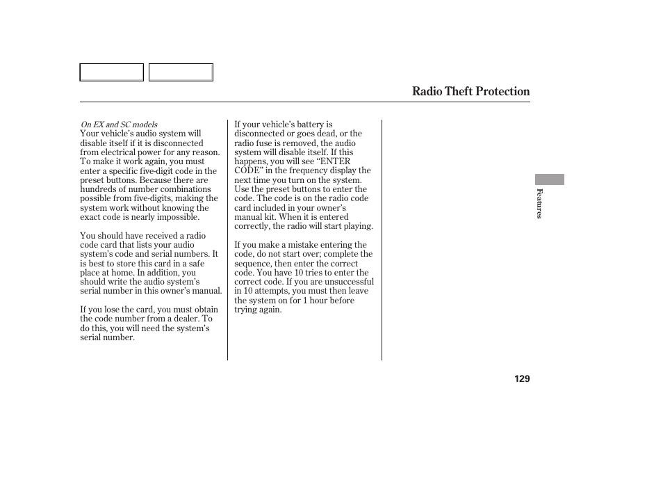 Radio theft protection | HONDA 2007 Element - Owner's Manual User Manual | Page 132 / 275