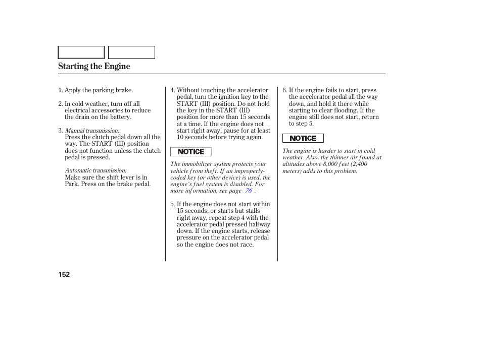 Starting the engine | HONDA 2007 Element - Owner's Manual User Manual | Page 155 / 275