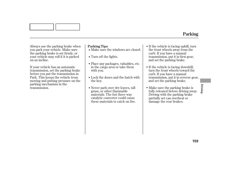 Parking | HONDA 2007 Element - Owner's Manual User Manual | Page 162 / 275