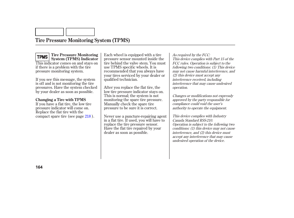 Tire pressure monitoring system (tpms) | HONDA 2007 Element - Owner's Manual User Manual | Page 167 / 275