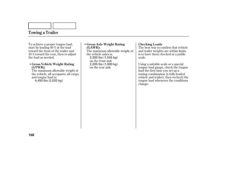 Towing a trailer | HONDA 2007 Element - Owner's Manual User Manual | Page 171 / 275