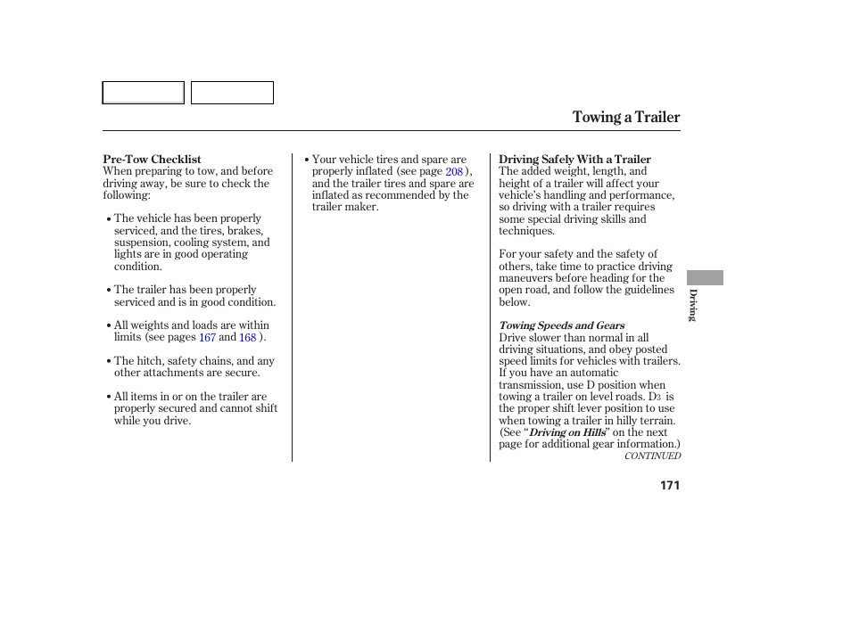 Towing a trailer | HONDA 2007 Element - Owner's Manual User Manual | Page 174 / 275