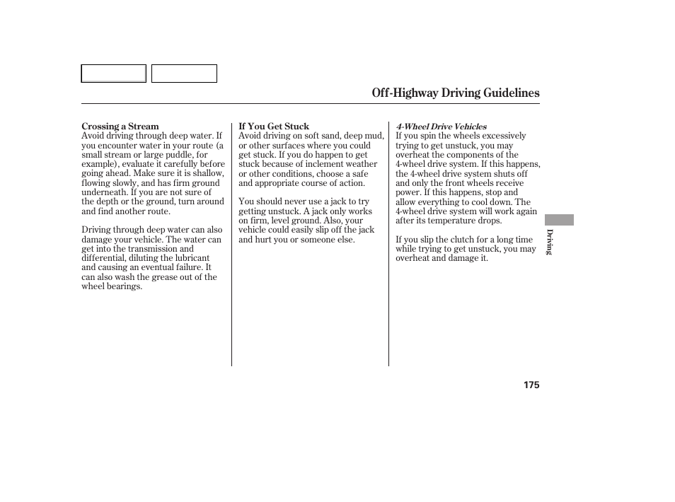 Off-highway driving guidelines | HONDA 2007 Element - Owner's Manual User Manual | Page 178 / 275