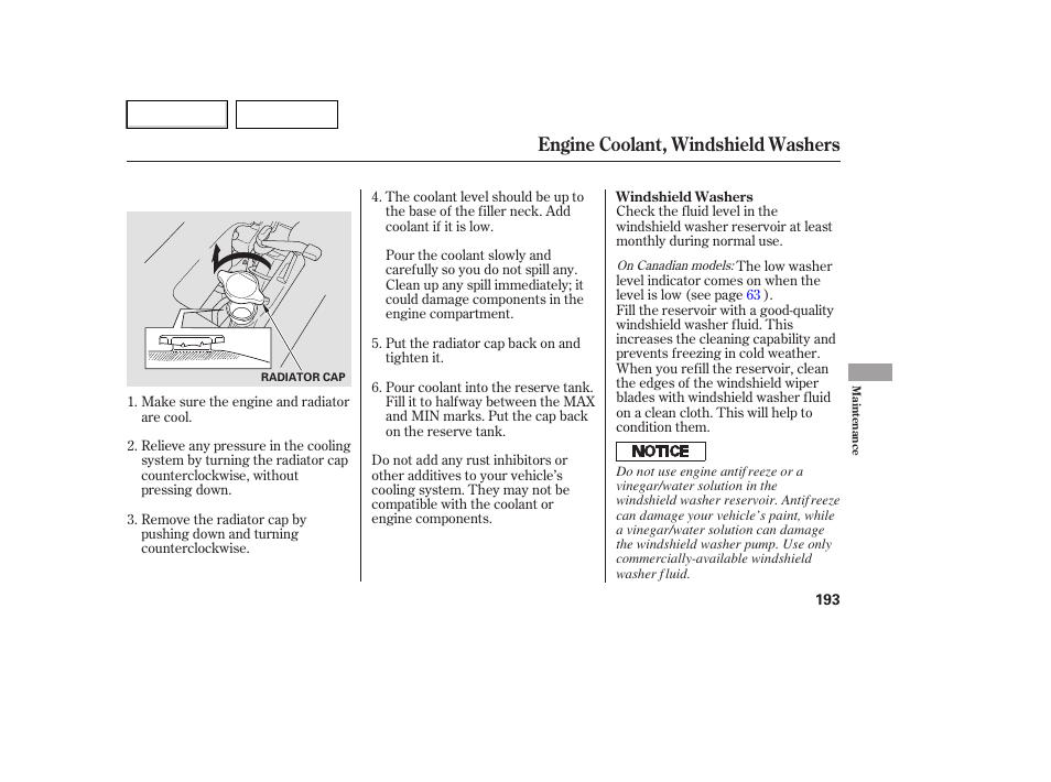 Engine coolant, windshield washers | HONDA 2007 Element - Owner's Manual User Manual | Page 196 / 275