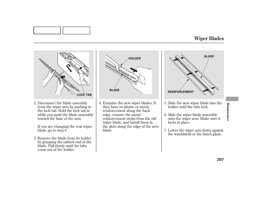 Wiper blades | HONDA 2007 Element - Owner's Manual User Manual | Page 210 / 275