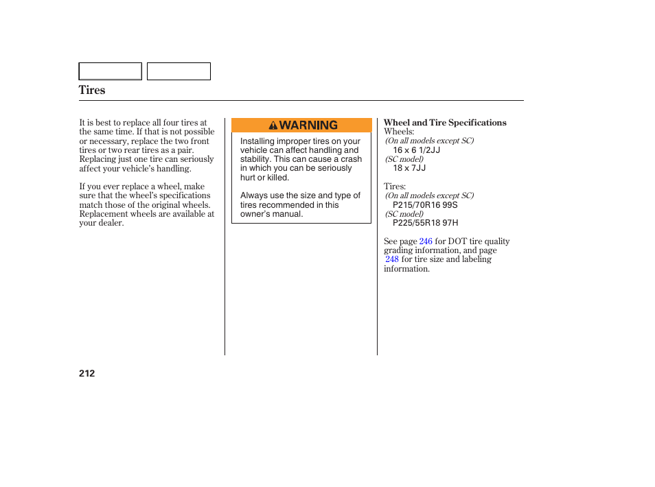 Tires | HONDA 2007 Element - Owner's Manual User Manual | Page 215 / 275