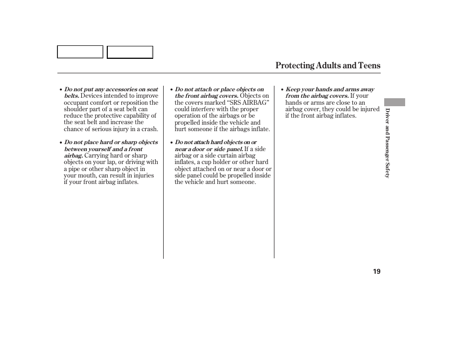 Protecting adults and teens | HONDA 2007 Element - Owner's Manual User Manual | Page 22 / 275