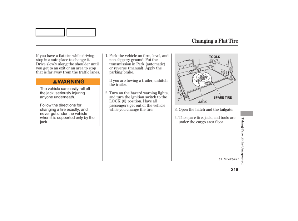 Changing a flat tire | HONDA 2007 Element - Owner's Manual User Manual | Page 222 / 275