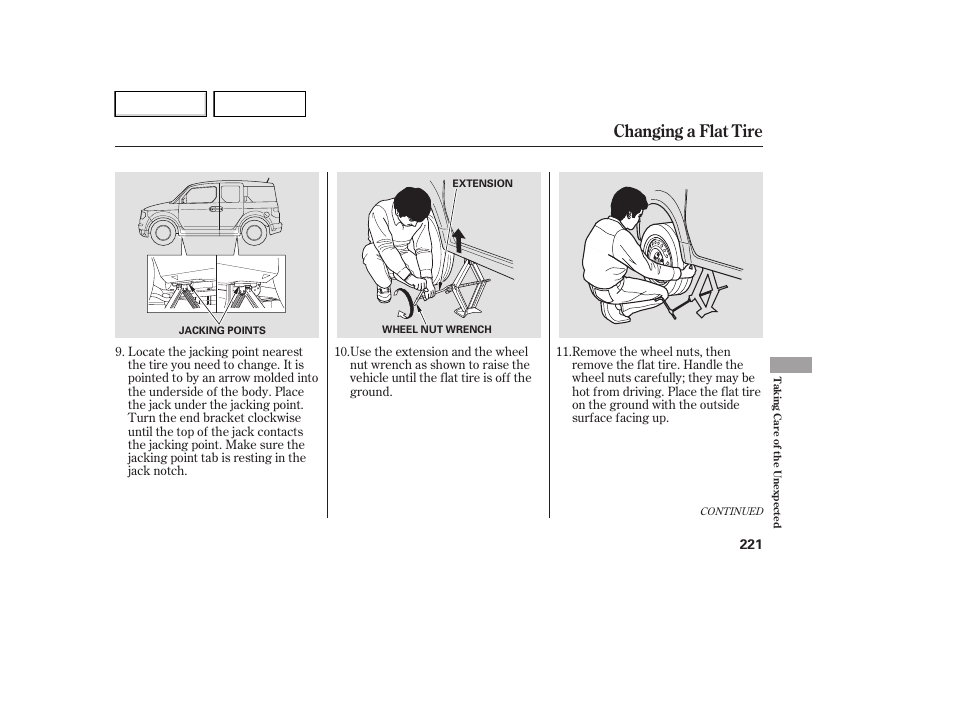 Changing a flat tire | HONDA 2007 Element - Owner's Manual User Manual | Page 224 / 275