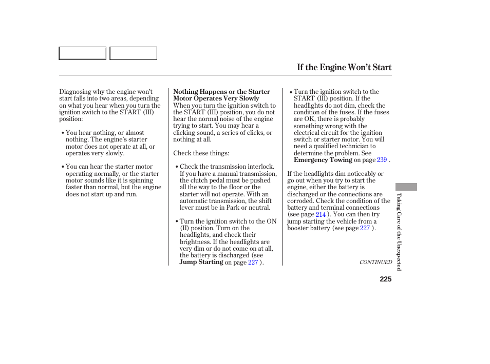 If the engine won’t start | HONDA 2007 Element - Owner's Manual User Manual | Page 228 / 275