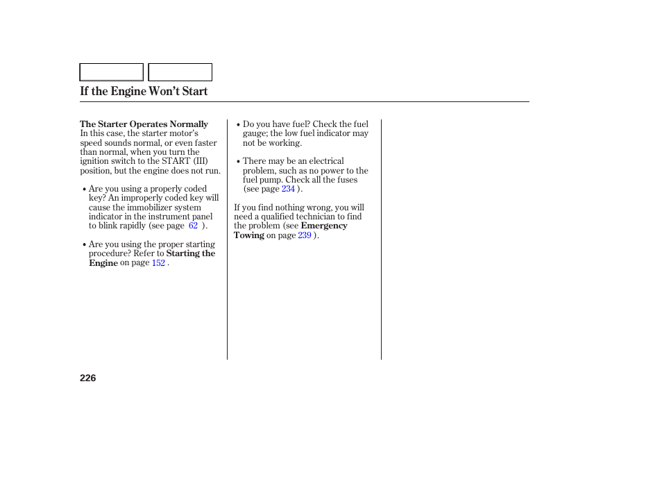 If the engine won’t start | HONDA 2007 Element - Owner's Manual User Manual | Page 229 / 275