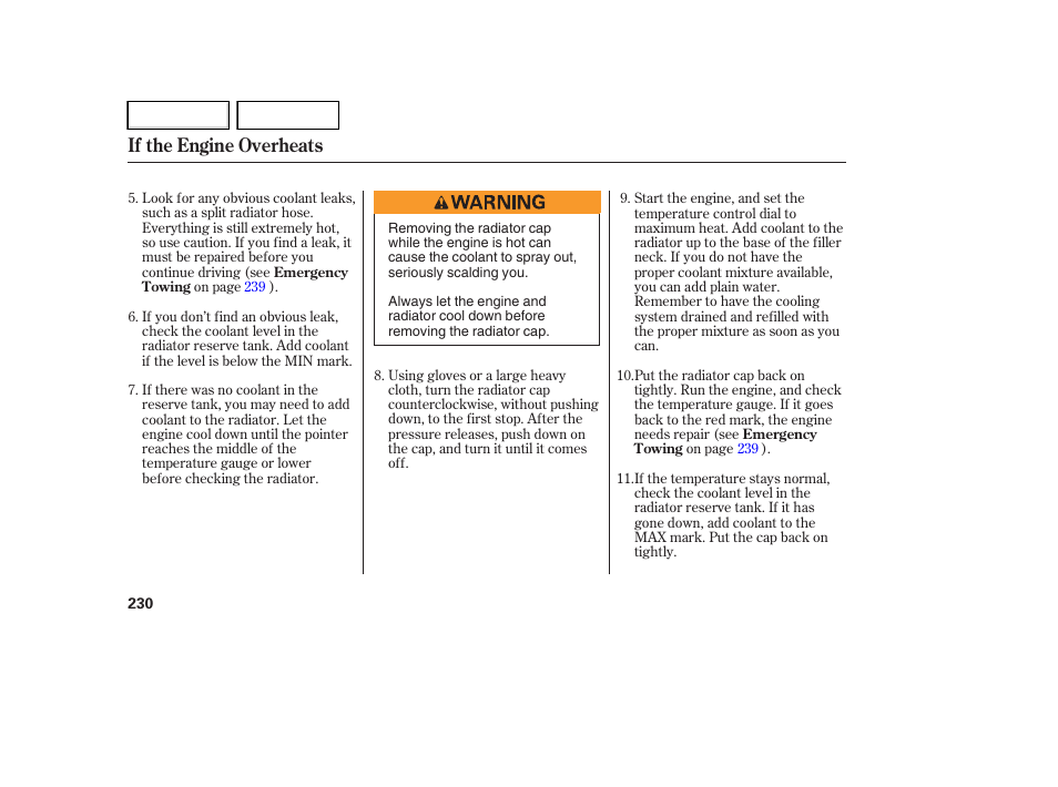 If the engine overheats | HONDA 2007 Element - Owner's Manual User Manual | Page 233 / 275
